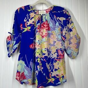 Revolve Yumi Kim Women’s Blue V-Neck 100% Silk Floral Blouse Top Size XS